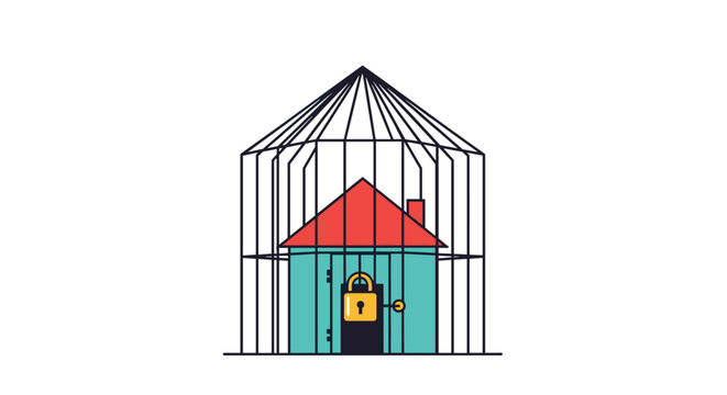 Illustration of a house trapped inside a large birdcage with a locked door symbolizing confinement or restriction of personal space and freedom of movement