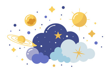 Dreamy celestial scene featuring stylized sun, planets, stars, and clouds, perfect for children's illustrations, educational materials, and creative designs, evoking wonder and imagination