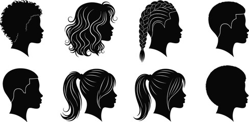 PrintSilhouettes of Male and Female Head Profiles with Various Hairstyles Including Braids, Curls, Ponytails, and Afro for Design Use