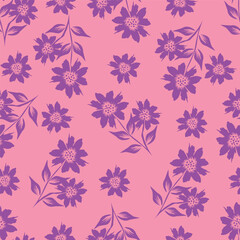 Fototapeta premium Seamless floral pattern, liberty ditsy print with cute large botany in retro folk style. Beautiful botanical design of hand drawn wild plants: flowers, leaves on black background. Vector illustration
