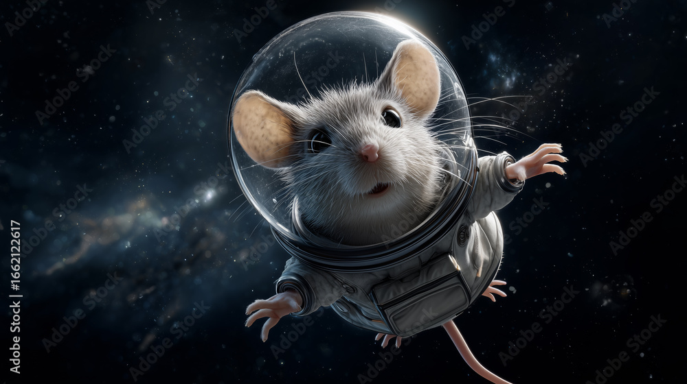 Poster a small mouse wearing a spacesuit floats in space, surrounded by stars and galaxies. its curious exp
