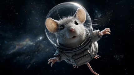 A small mouse wearing a spacesuit floats in space, surrounded by stars and galaxies. Its curious expression captures the wonder of space exploration as it navigates the cosmos