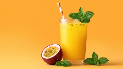 Refreshing Passion Fruit Juice with Mint Leaves on Orange Background