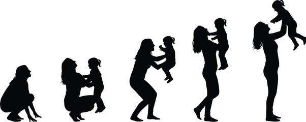 PrintSilhouettes of mother and child playing, lifting, bonding, joyful moments, family love, parenthood, growth stages, motherhood, happiness vector illustration.