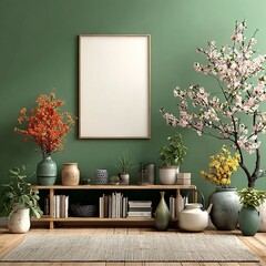 A blank white canvas in a frame on the wall, vibrant green walls, vases with colorful flowers and plants.
