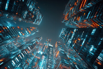 Worm's eye view of illuminated futuristic skyscrapers against a dark sky at night time in a city
