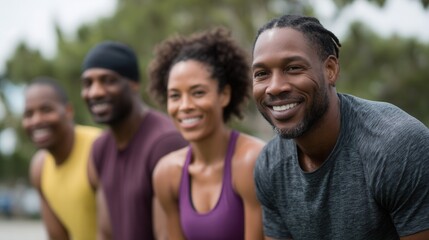 Obraz premium A group of four diverse athletes smiling and posing outdoors. They are dressed in athletic wear, showcasing camaraderie and fitness spirit.