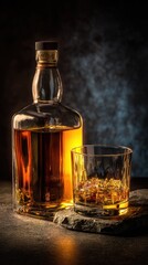 Amber liquor bottle and glass, dramatic lighting