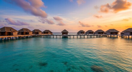 Tropical Overwater Bungalows at Sunset in Maldives.