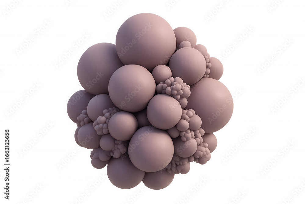 Poster pink spheres clustering, creating organic geometric pattern on transparent surface, representing dig
