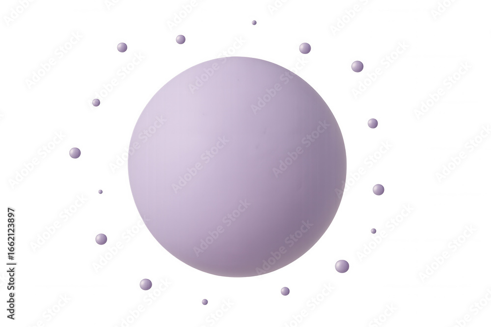 Poster 3d render of a large purple sphere surrounded by smaller spheres of varying sizes against a transpar