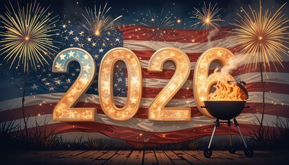 Patriotic celebration with american flag fireworks and barbecue grill for independence day holiday