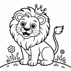Title: Cute Lion Coloring Page – Cartoon Jungle Animal Line Art