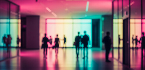 Fototapeta premium Blurred figures walk in a brightly colored modern building interior, creating a dynamic scene that conveys movement, energy, and the atmosphere of a busy workplace.