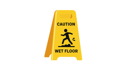Bright yellow caution sign warns of a slippery wet floor with a graphic symbol of a person falling.