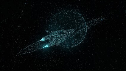 Sci-Fi Spaceship Flying Through Cybernetic Binary Code Ring in Space

