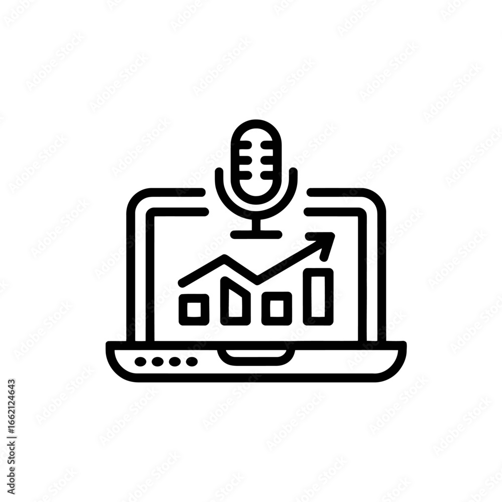 Aufkleber podcast performance analysis on a laptop with microphone symbolizing data driven insights and analyt