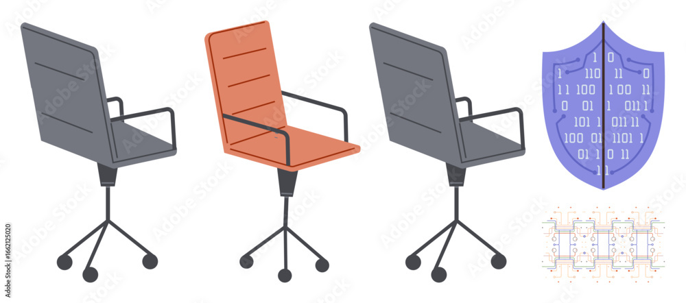 Poster rotating office chairs, a cybersecurity shield with binary code, and connected networks. ideal for w