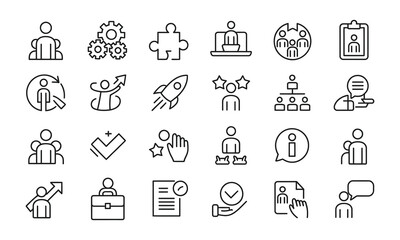 Black and white business and management icon set with 24 minimalist line art symbols including figures, gear, laptop, rocket, and clipboard