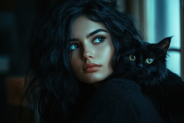 Young woman with black cat on shoulder