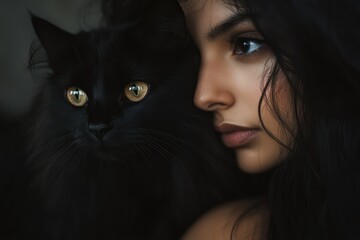 Young woman with black cat on shoulder