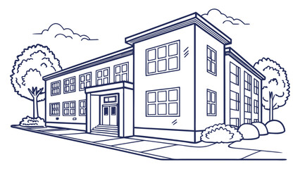 Illustration of a two story building with many windows and trees in a line art style drawing