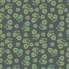 Obraz premium Seamless floral pattern, liberty ditsy print with cute large botany in retro folk style. Beautiful botanical design of hand drawn wild plants: flowers, leaves on black background. Vector illustration