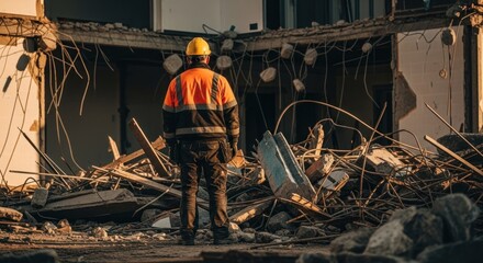 Construction worker surveys ruins; safety helmet, debris, destruction