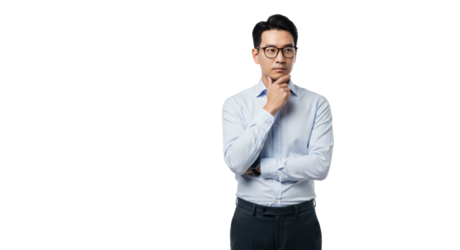 Young adult male, mid-20s to early 30s, professional appearance, standing thoughtfully, hand on chin, on a bright transparent studio background. Concept of strategic analysis