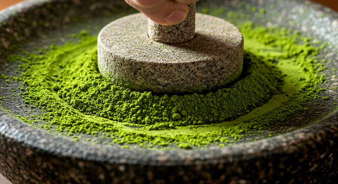 Hand grinding matcha in stone mill