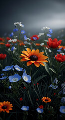 Obraz premium A beautiful dark and moody close-up of a vibrant wildflower meadow with an orange sunflower in sharp focus among a variety of red, white, and blue blossoms