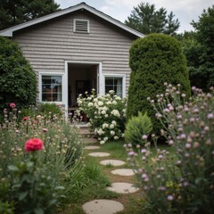 Charming cottage with a stone pathway leading to the entrance amidst a vibrant garden