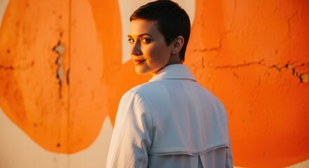 Obraz premium Young caucasian female in white jacket posing against bright orange wall at sunset