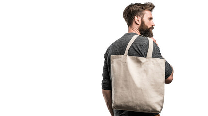 Fototapeta premium Man looking over shoulder with tote bag, isolated transparent background