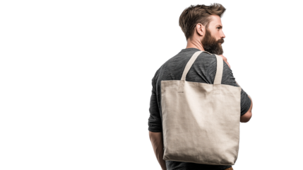 Man looking over shoulder with tote bag, isolated transparent background