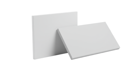 Two abstract, transparent and light grey rectangular panels, matte, sharp edges, leaning on a transparent studio background with soft shadows. Concept of clear communication and modern innovation