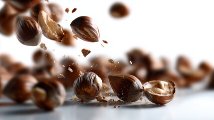 Nuts falling from the top on a white background