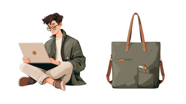 Young man with laptop bag + tote bag combo, remote work vibe, PNG transparent