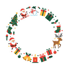 Fototapeta premium Festive christmas wreath decoration featuring santa claus snowman reindeer gift boxes and festive ornaments adorning the circular border for seasonal celebrations