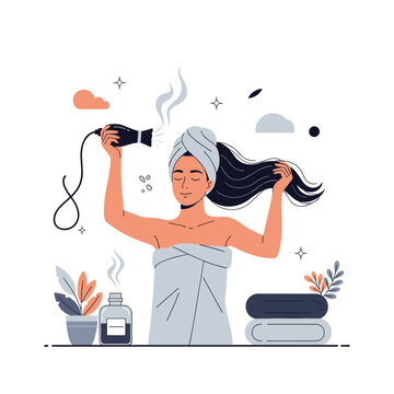 A woman dries her long dark hair after a shower using a black hair dryer with steam rising from the hair