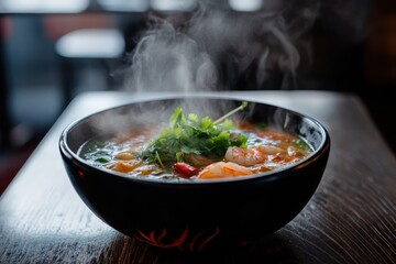 Hot Tom Yum soup with shrimp and herbs