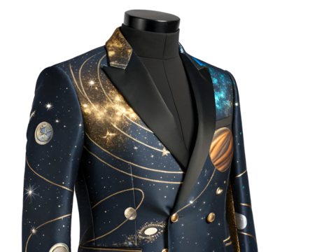 Celestial cosmic suit with planetary motifs isolated on a transparent background fashion bespoke