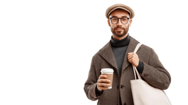 Stylish male with coffee cup in one hand, tote bag in other, PNG isolated