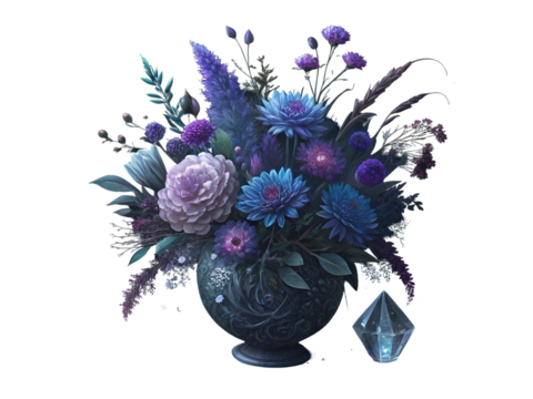 Enchanted floral arrangement with luminous crystal isolated on a transparent background bouquet