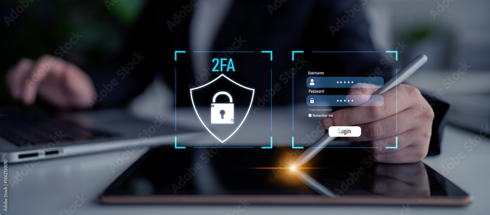 Poster two-factor authentication strengthens login system security. adds protection, two-factor authenticat
