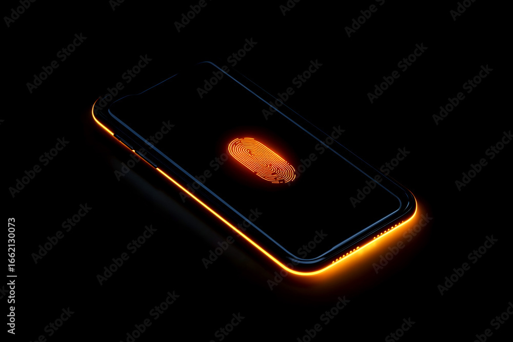 Poster smartphone mock up with illuminated fingerprint scanner on screen, showcasing modern technology and 