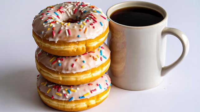 Stack of donuts with pink icing and sprinkles next to coffee mug
