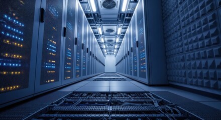 Data center aisle with server racks and tiled floor in blue-toned lighting