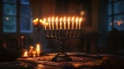 Fototapeta premium Lit Menorah with Nine Burning Candles on Table in Dark Setting Celebrating Holiday
