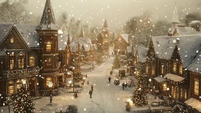 Charming winter village scene with snow falling, captured from a high angle. Warm lights glow from windows, evoking a cozy holiday video atmosphere. Live desktop wallpaper.